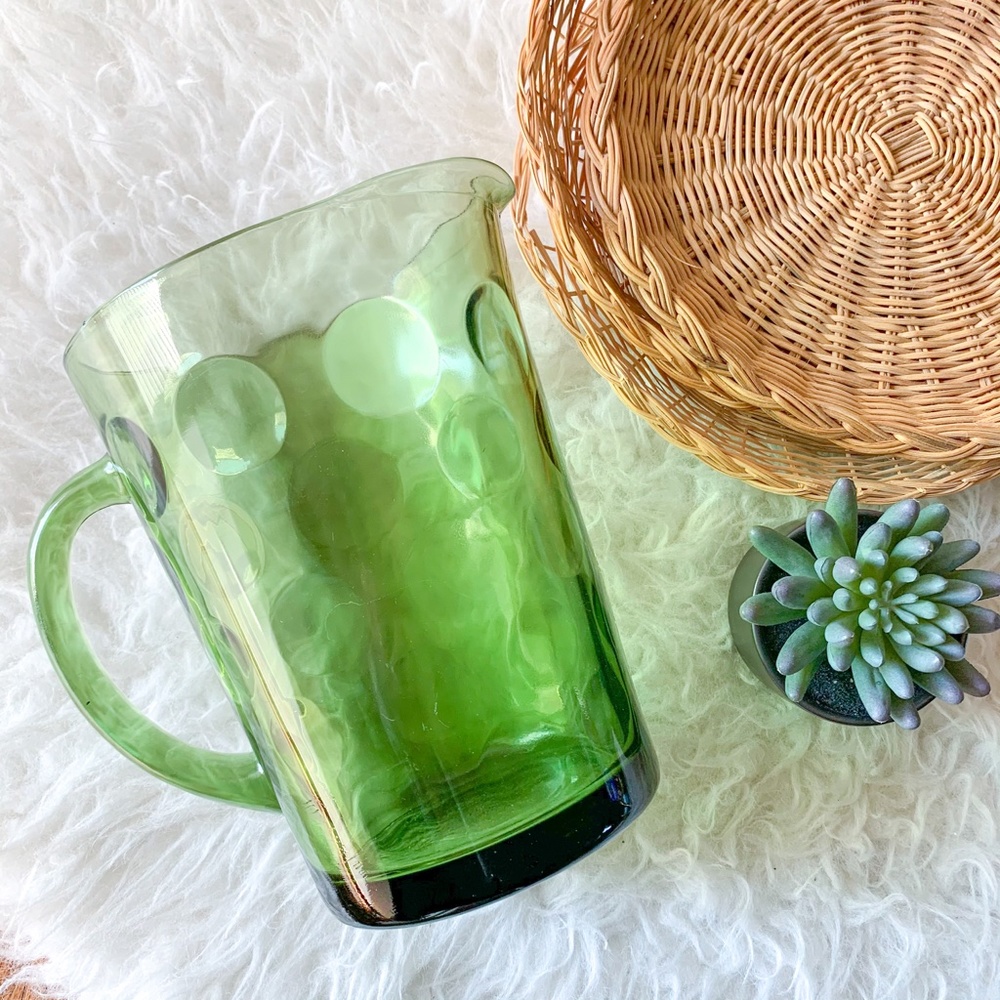 VTG MCM Green Emerald Glass "Thumbprint" Pitcher - Picture 2 of 7